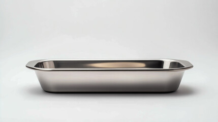 Stainless steel rectangular bread pan, polished and isolated on a white background, shown in side view