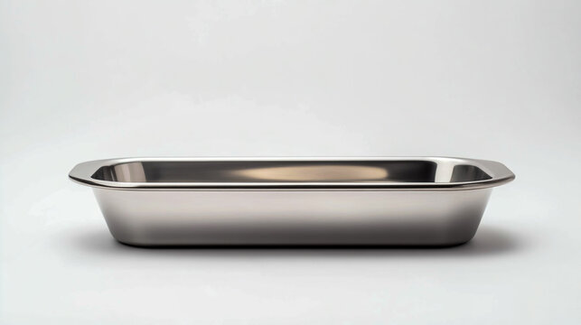 Stainless steel rectangular bread pan, polished and isolated on a white background, shown in side view