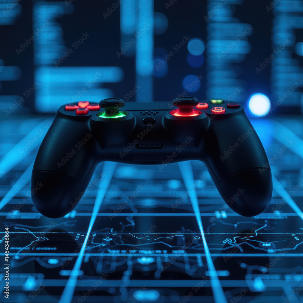 Poster sleek black game controller with illuminated buttons rests on glowing digital interface, showcasing 