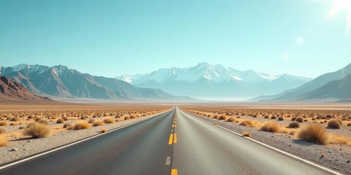 Asphalt ribbon unwinding towards majestic snow-capped peaks under a brilliant, cloudless sky, a solitary journey across a vast, sun-drenched desert plain