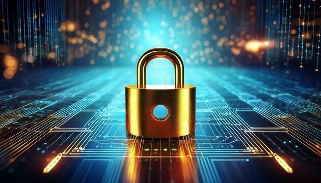 a close up of a golden padlock on a digital background symbolizing security and data protection in the digital age