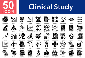 Fototapeta premium Clinical Study Icon Collection Set. Pharmacology,Dosage,Side-effects,Compliance,Placebo,Randomization,Blinding,Endpoints,Adverse,Toxicity,Biomarkers,Pharmacokinetics, Icon Symple Glyph Vector