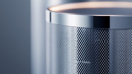 Close-up of a sleek metallic speaker showcasing its intricate mesh design and modern aesthetics