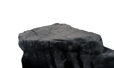 Rock podium isolated, Stone stand display product on background,Boulder black Stones sea formation located part of the mountain,Group of dark grey cliff rock with natural rough texture surface.