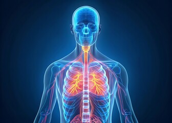 Human anatomy illustration showcasing the respiratory system and skeletal structure in blue tones