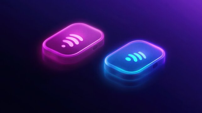 Futuristic contactless payment devices, glowing in vibrant pink and blue, offering secure transactions