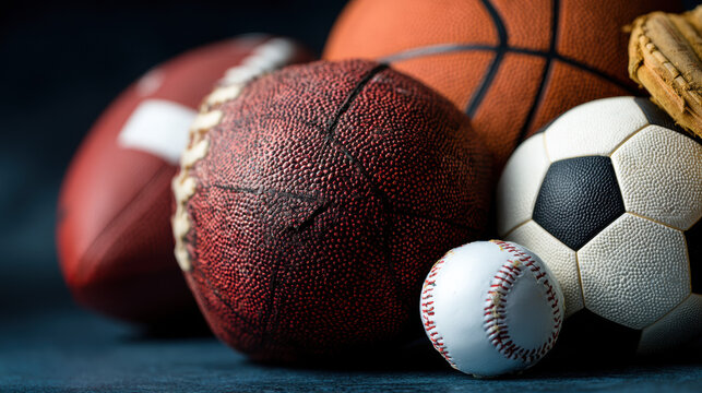 An assortment of different sports equipment including a football, basketball, soccer ball, baseball, and glove are arranged together in a close up photograph.