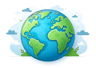 Naklejka premium Illustrated cartoon earth globe with clouds and green landmasses on a white background