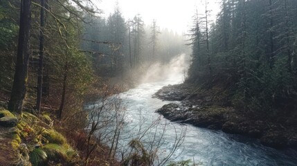 River flowing through a deep forest, mist rising from the water, soft sunlight filtering through the trees