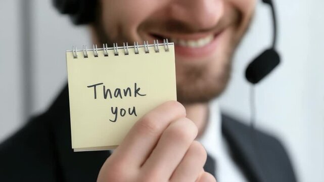 Thank You Note Smiling Man in Suit with Headset Showcasing Professional Communication and Customer Service Appreciation, Reflecting Gratitude and Positive Interaction.