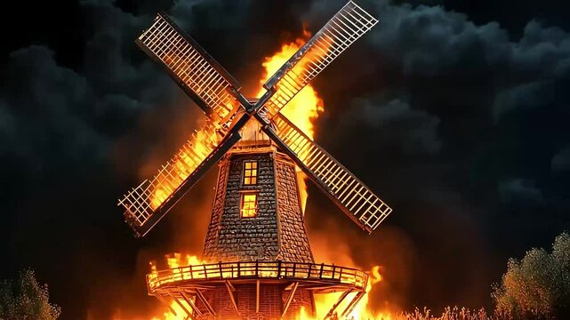 A dramatic scene of a windmill engulfed in flames at night, surrounded by dark clouds and grass