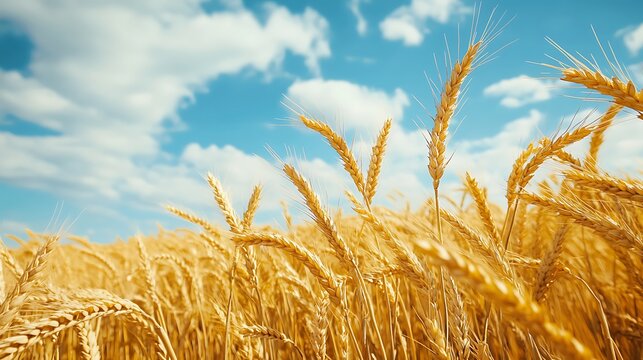 Golden wheat field under a bright summer sky.