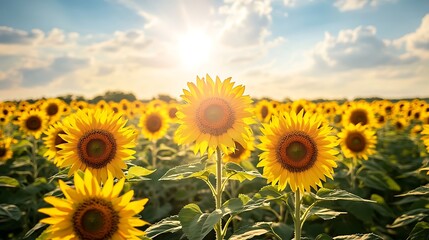 Obraz premium A vast expanse of sunflowers bathed in golden sunlight.