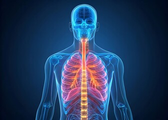 Transparent human anatomy showing respiratory system and skeletal structure in a glowing visualization