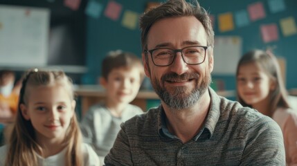 Fototapeta premium School teacher with group of students, classroom background, natural composition