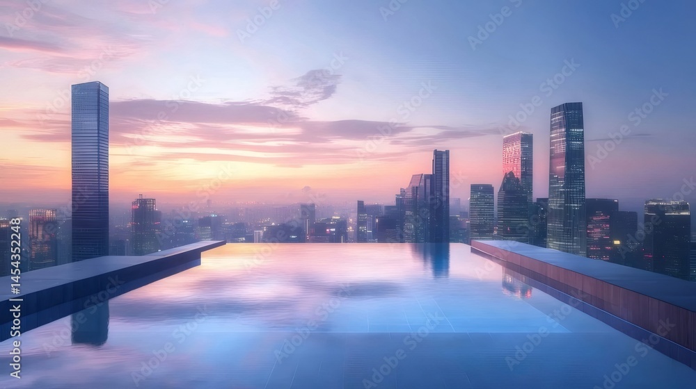 Aufkleber 夕焼け時の空と都市のパノラマビューとプールのある高層ビルの屋上 屋外風景