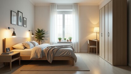 A cozy IKEA-style bedroom featuring a wooden bed with white bedding, bedside tables with lamps, a wooden wardrobe, a desk and chair, framed art, potted plants, and ample natural light through a window
