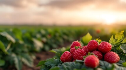 Ripe Red Raspberries in a Lush Green Strawberry Field at Sunset