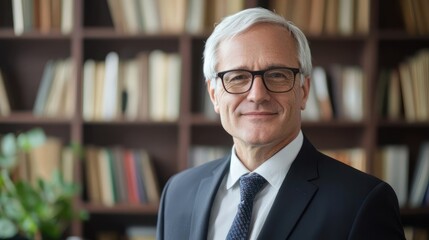 Fototapeta premium Senior male executive with glasses, formal suit, bookshelf background