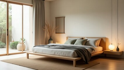 A Japandi bedroom blends Japanese calm and Nordic simplicity. A low wooden bed sits serenely with neutral bedding, botanical art, pampas grass, warm wood tones, natural light, and a cozy patio view.