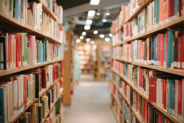 A quiet library aisle with rows of bookshelves filled with colorful books, softly lit and inviting for reading or study.