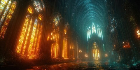 Fototapeta premium An ancient cathedral illuminated by bioluminescent stained glass and radiant altars, standing in a mystical city.