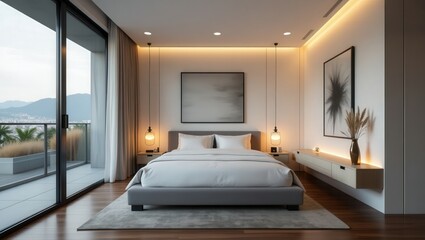 Fototapeta premium A serene modern bedroom with a minimalist bed, framed art above, neutral tones, and soft lighting. A large window reveals a cityscape and mountains, while pampas grass adds organic elegance