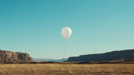 Surreal desert landscape featuring a solitary white balloon against a vast sky