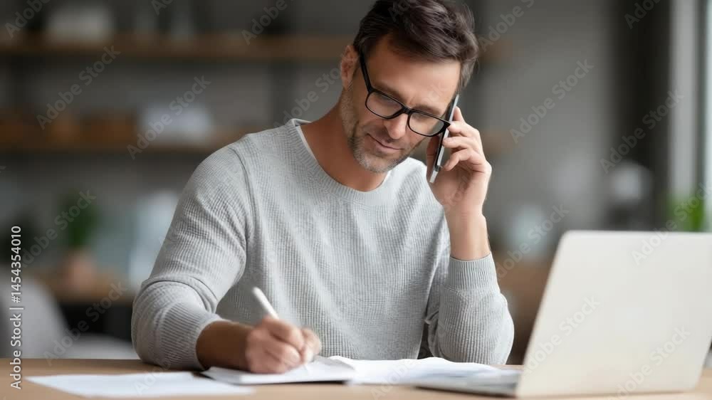 Poster focused man engaged in phone conversation while taking notes at desk surrounded by laptop and papers