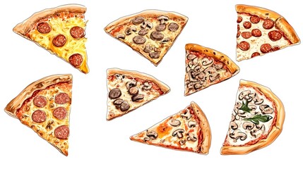 Various pizza slices with diverse toppings displayed against white.