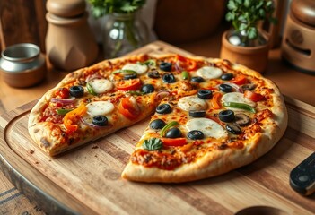 Veggie pizza on a wooden cutting board in a warm kitchen