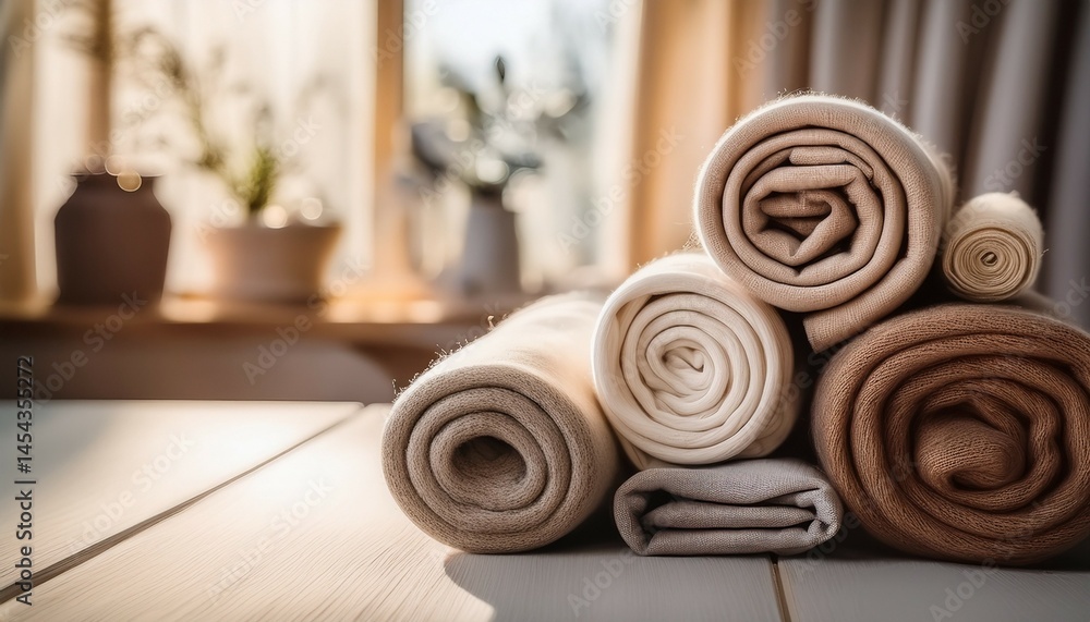 Poster rolled neutral fabrics displayed together in soft light ai image