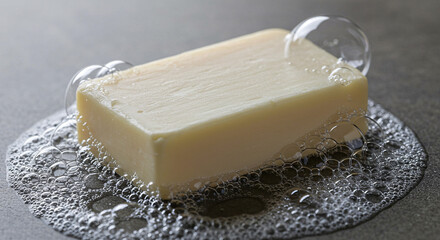 artisanal soap bar with luxurious foam bubbles resting on a sleek, dark surface