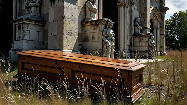 Wooden coffin in overgrown cemetery against ornate tombstone backdrop  