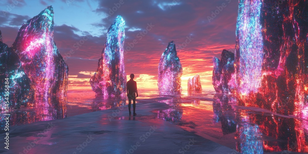 Poster an avant-garde digital art lab with shifting holographic styles and bioluminescent artworks, pushing