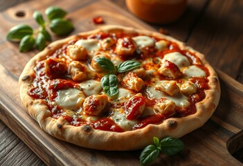 Delicious BBQ Chicken pizza on a rustic wooden cutting board