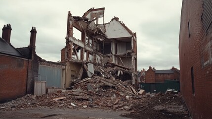 Fototapeta premium Old building collapse during demolition at construction site with dust, debris, and heavy machinery, symbolizing destruction, transformation, disaster recovery, urban renewal, redevelopment process
