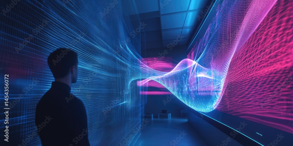 Poster An innovative quantum physics lab with interactive digital quantum models and holographic wave function displays.