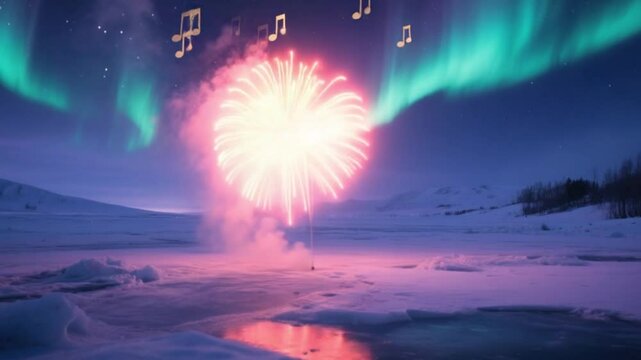   An icy arctic plain during the polar night, aurora mixed with golden-red-green fireworks above, soft but eerie music playing, the setting both stunning and haunting in its isolation and be video dow