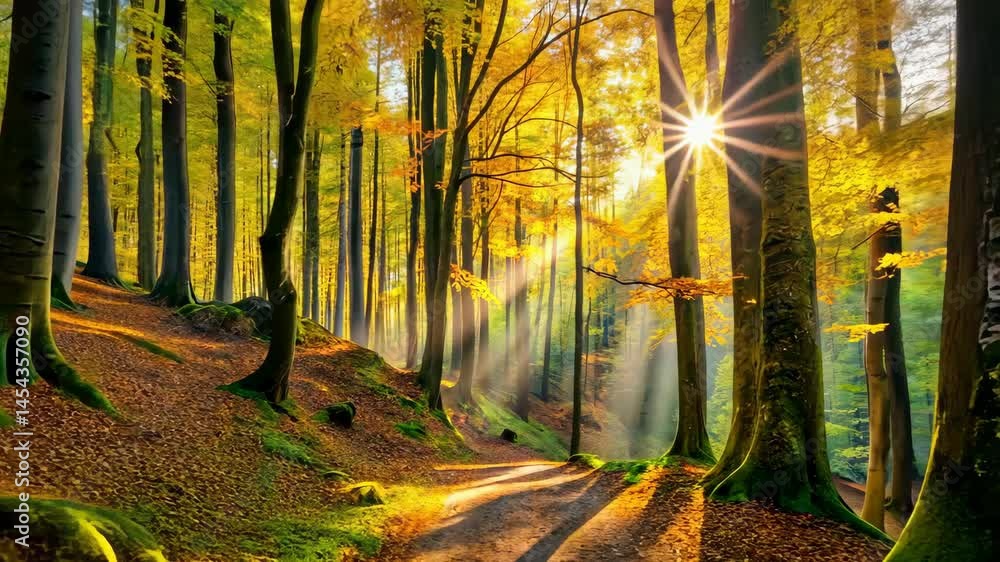 Poster golden sunlight filters through autumn trees along a winding forest path
