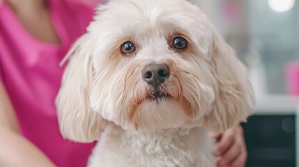Pet Grooming Business concept. Cute dog with expressive eyes in a grooming setting.