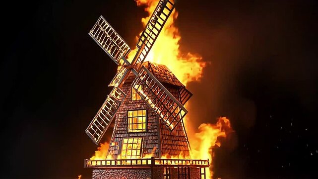A dramatic scene of a wooden windmill engulfed in flames, with sparks flying against a dark background