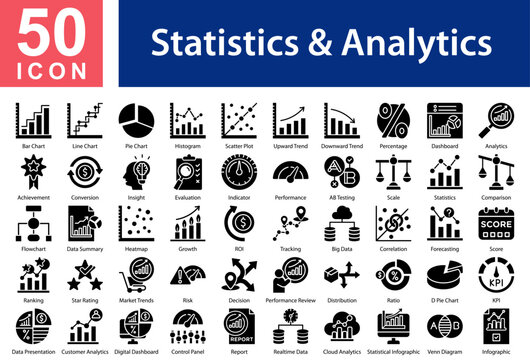 Statistics & Analytics Icon Collection Set. Bar Chart,Line Chart ,Pie Chart,Histogram,Scatter Plot,Upward Trend,Downward Trend,Percentage,Dashboard,Analytics,Achievement,Icon Symple Glyph Vector