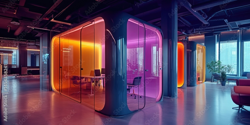 Aufkleber an innovative startup hub with transparent meeting pods and neon brainstorming walls, teeming with c