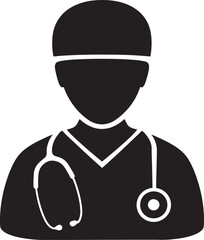A Silhouette Vector Icon of a Medical Doctor in White Coat with Stethoscope on White Background, vector illustration of a doctor