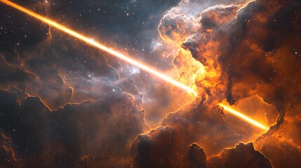Cosmic energy beam piercing nebulae clouds.
