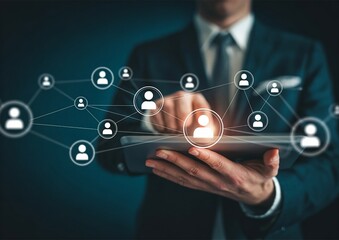 Businessman using a tablet with social network connections.