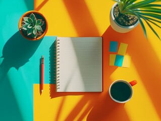 Flat Lay of Notebook with Colorful Sticky Notes, Pen, Succulent Plants and Coffee on Vibrant Orange and Blue Background &ndash; Creative Workspace, Modern Office Desk Organization, Productivity Concept