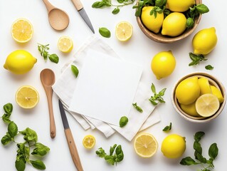 Blank Recipe Card with Fresh Lemons, Basil, Wooden Spoons and Knives on White – Healthy Citrus Cooking, Food Blog Mockup, Summer Recipe, Natural Culinary Background, Creative Kitchen Concept