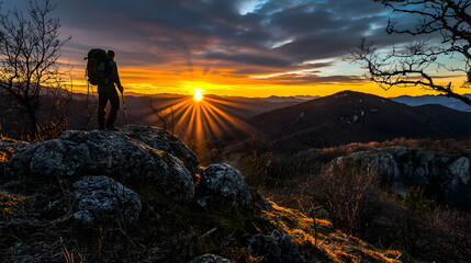 Fototapeta premium Silhouette of hiker atop mountain peak at sunrise. Vast vista of hills and valleys bathed in golden light